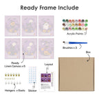 What's included pre-stretched on frame: six framed Halloween Banner Friends mini canvases, paints, three brushes, hangers and layout