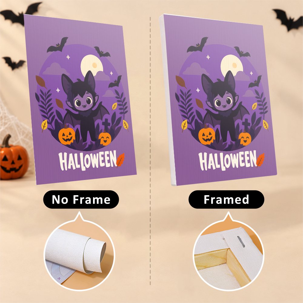 Halloween Banner Friends mini canvas shown rolled without a frame and pre-stretched on a frame