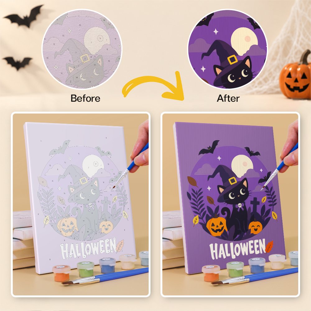 Before and after of a Halloween Banner Friends mini paint by numbers canvas