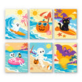 Halloween Beach Vacation mini paint by numbers set: six sunny beach scenes with a surfing ghost, pumpkin in sunglasses, black cat, skeleton, mummy and bat