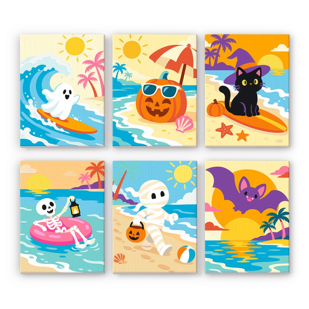 Halloween Beach Vacation mini paint by numbers set: six sunny beach scenes with a surfing ghost, pumpkin in sunglasses, black cat, skeleton, mummy and bat