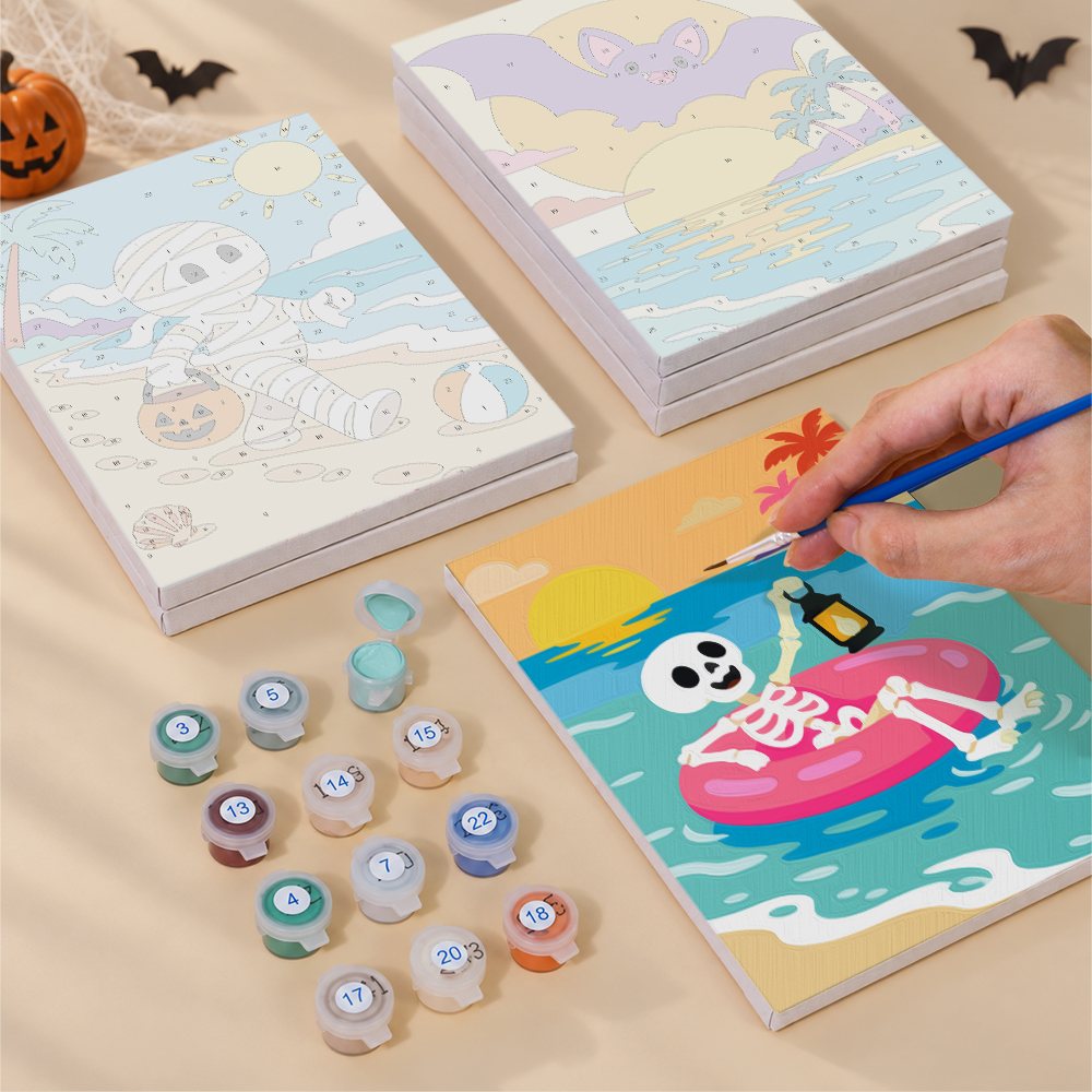 Halloween Beach Vacation mini canvas shown rolled without a frame and pre-stretched on a frame