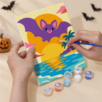 Numbered paint pots and brushes on a pre-stretched Halloween Beach Vacation mini canvas