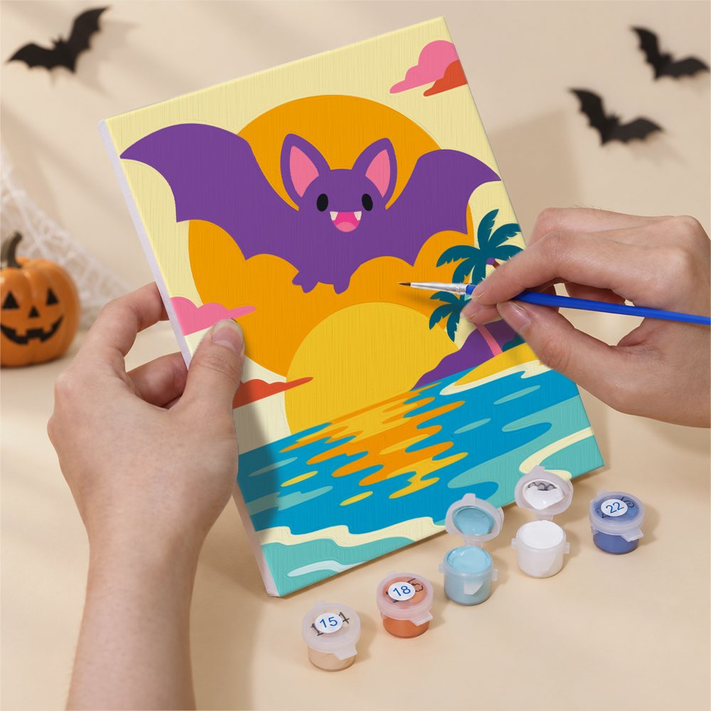 Numbered paint pots and brushes on a pre-stretched Halloween Beach Vacation mini canvas