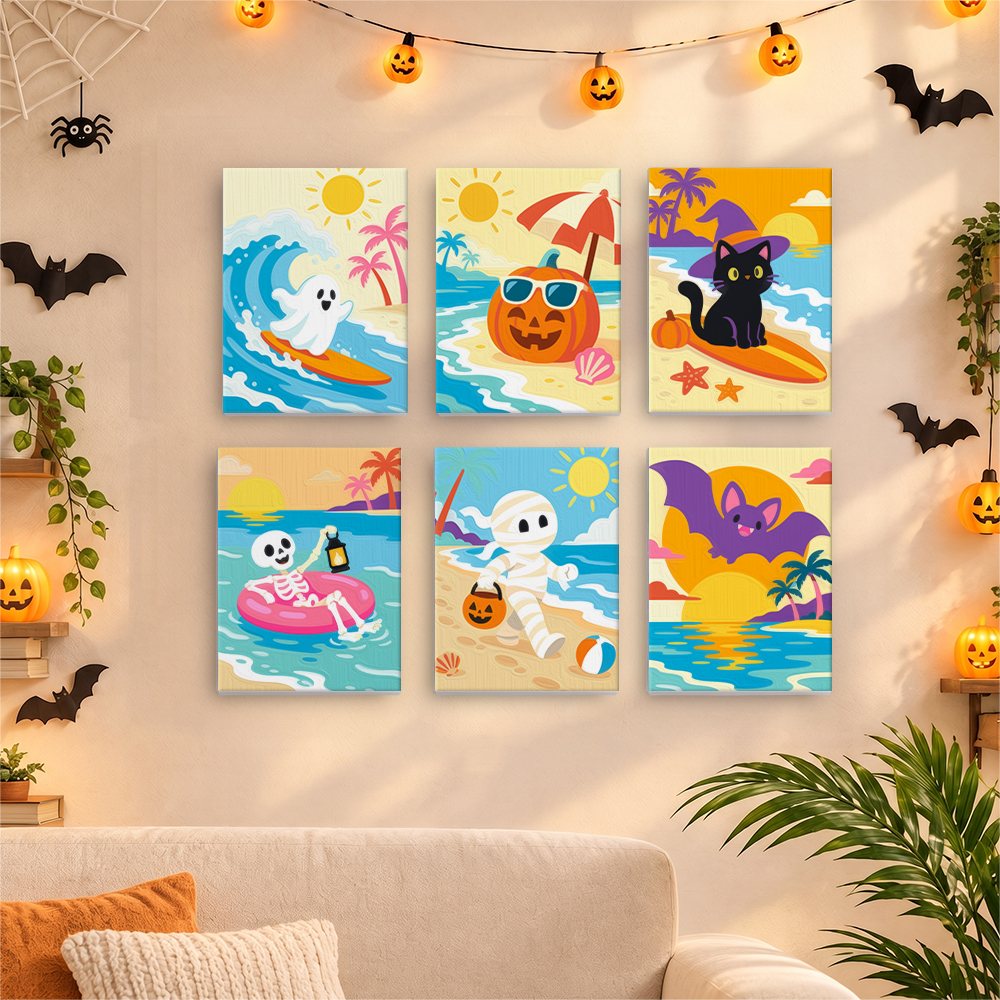 Before and after of a Halloween Beach Vacation mini paint by numbers canvas
