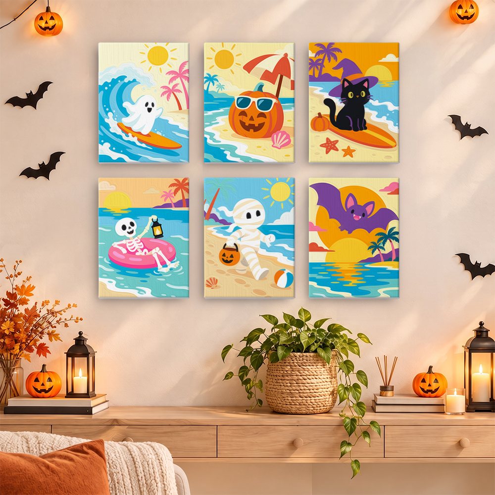 Painting a Halloween Beach Vacation mini canvas propped up beside numbered acrylic paints