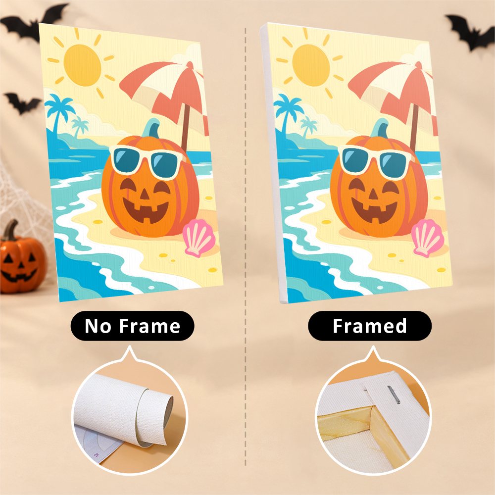 Six finished Halloween Beach Vacation mini paintings hung on a wall above a table