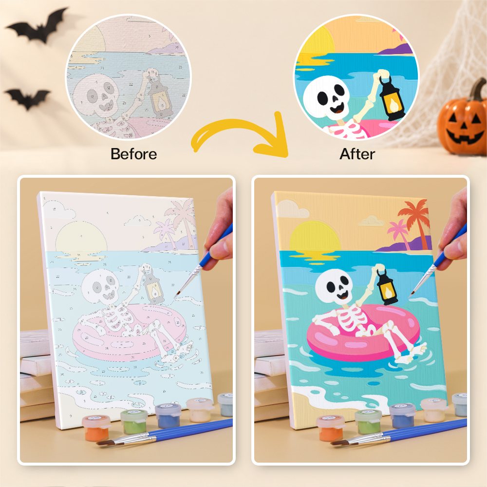 What's included without a frame: six rolled Halloween Beach Vacation mini canvases, acrylic paints, three brushes and layout