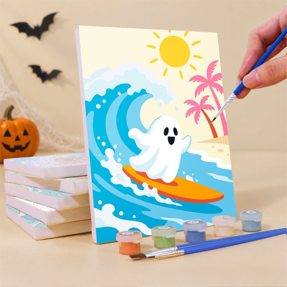 What's included pre-stretched on frame: six framed Halloween Beach Vacation mini canvases, paints, three brushes, hangers and layout