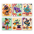 Halloween Circus Critters mini paint by numbers set: six animal circus performers, including a cat ringmaster, bat, octopus, fox, frog and crow under striped big tops