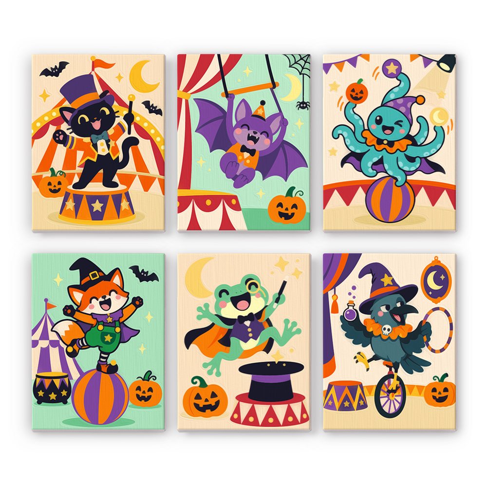 Halloween Circus Critters mini paint by numbers set: six animal circus performers, including a cat ringmaster, bat, octopus, fox, frog and crow under striped big tops