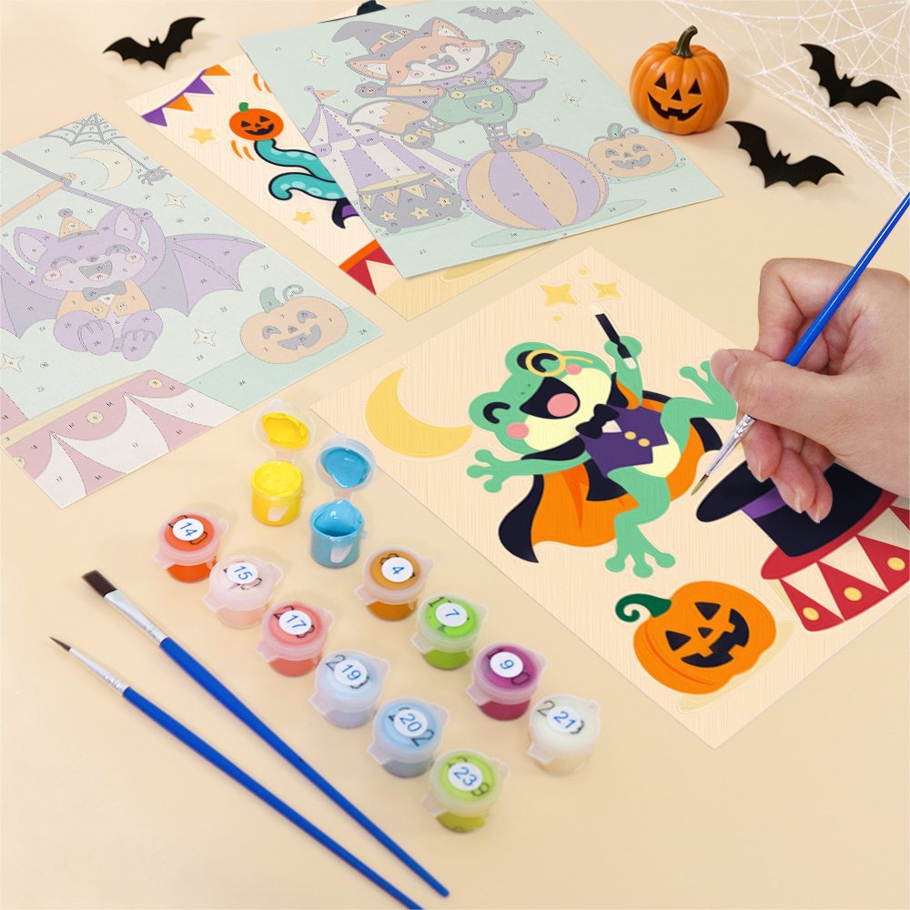 Filling in a Halloween Circus Critters mini canvas with numbered acrylic paints and a fine brush