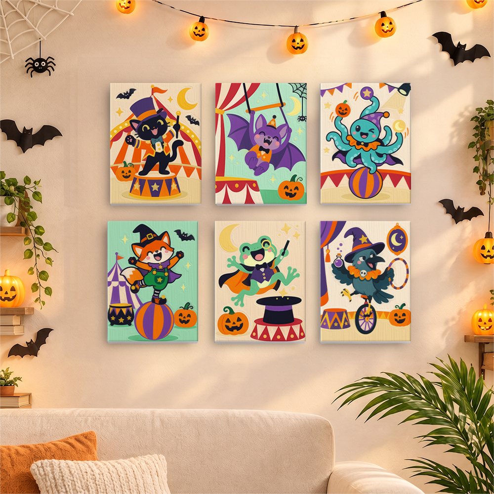Six finished Halloween Circus Critters mini paintings hung on a wall above a table