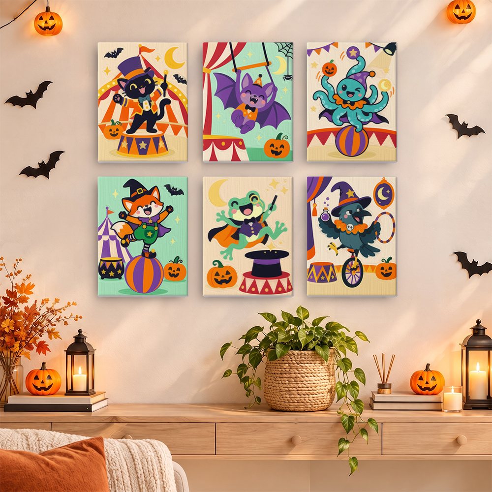 Halloween Circus Critters mini paintings displayed as a gallery wall in a sunny kitchen