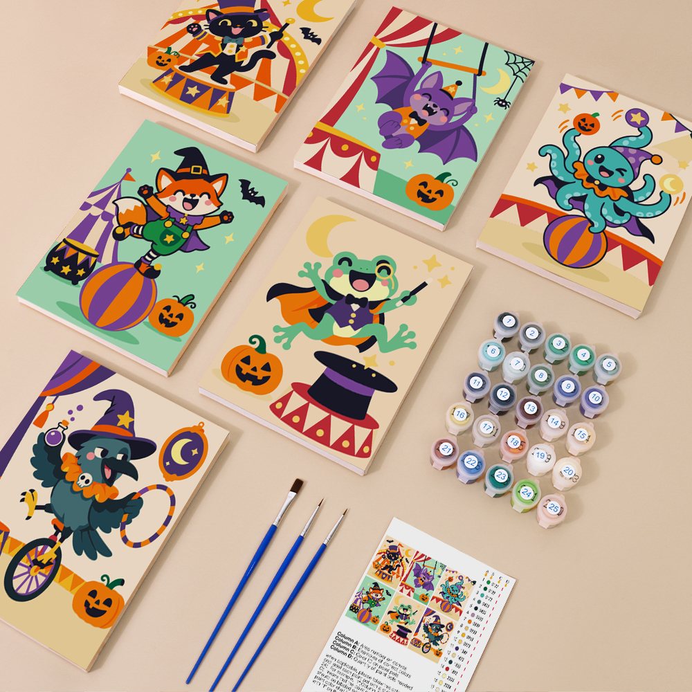 Halloween Circus Critters mini paint by numbers kit with six numbered canvases, acrylic paints, brushes and layout