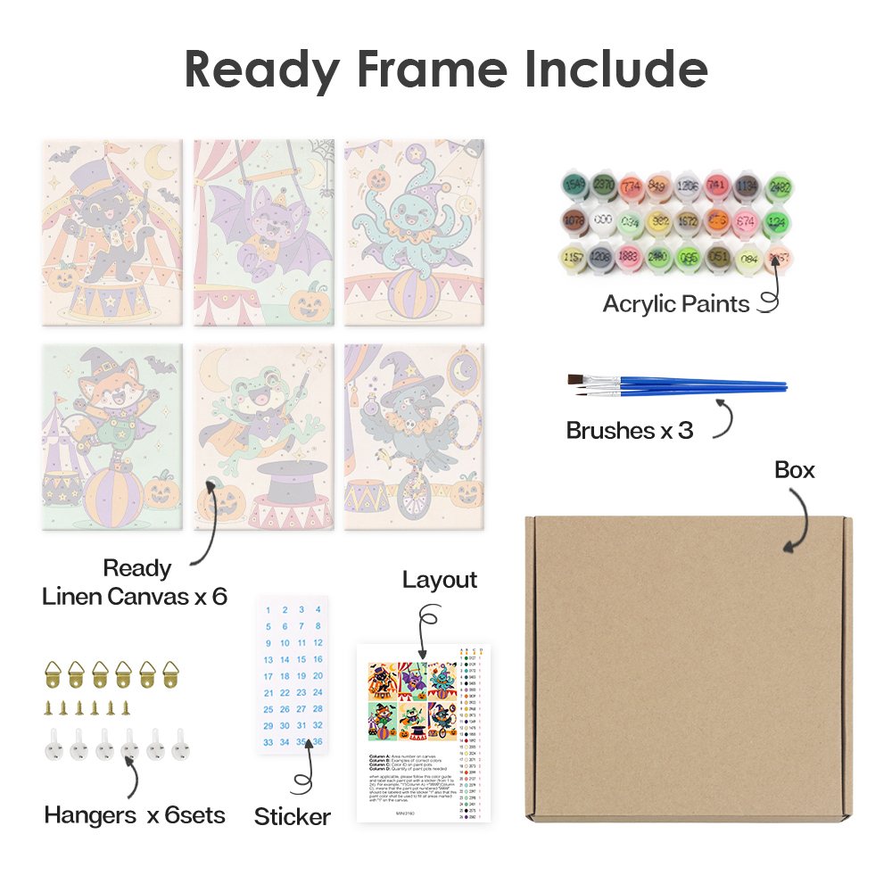 What's included pre-stretched on frame: six framed Halloween Circus Critters mini canvases, paints, three brushes, hangers and layout