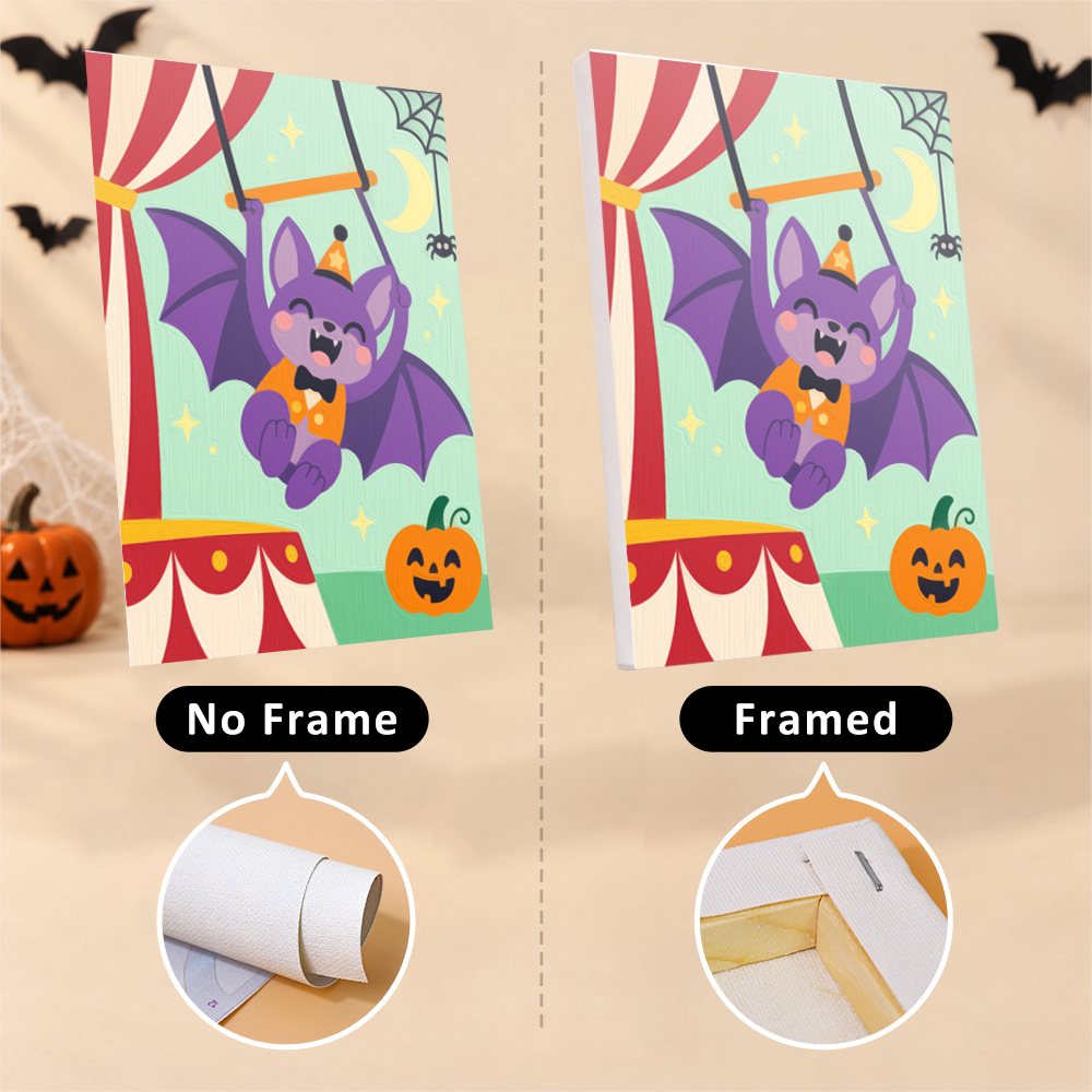Halloween Circus Critters mini canvas shown rolled without a frame and pre-stretched on a frame