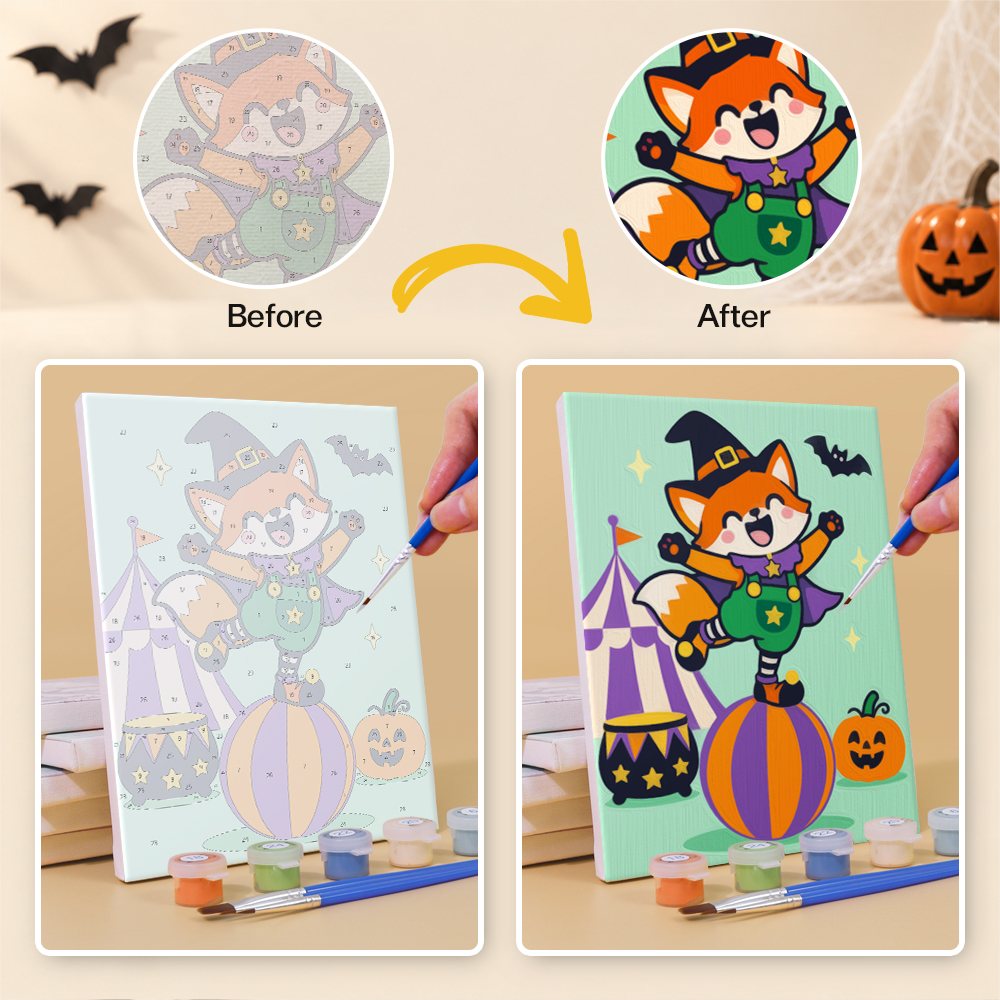 Before and after of a Halloween Circus Critters mini paint by numbers canvas