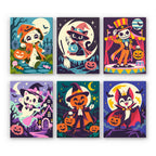 Halloween Costume Carnival mini paint by numbers set: six costumed Halloween characters including a mummy, cat witches, a skeleton ringmaster, a pumpkin-head and a vampire cat