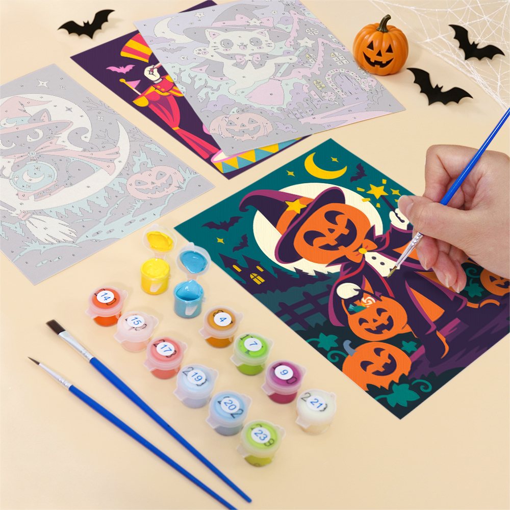 Filling in a Halloween Costume Carnival mini canvas with numbered acrylic paints and a fine brush