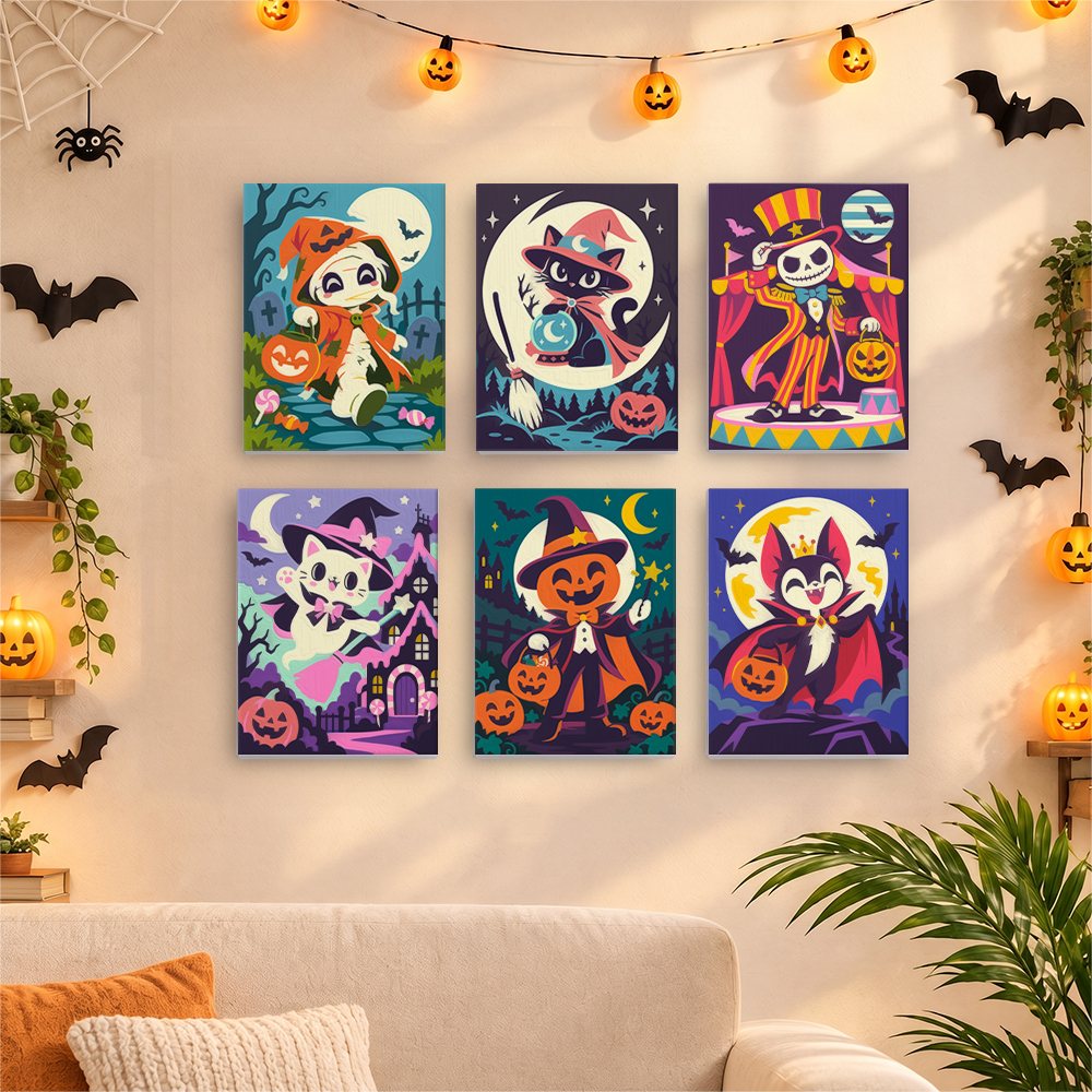 Six finished Halloween Costume Carnival mini paintings hung on a wall above a table