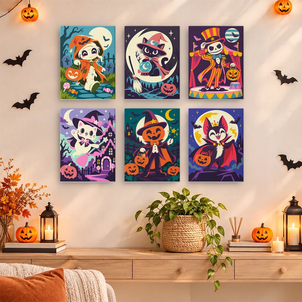 Halloween Costume Carnival mini paintings displayed as a gallery wall in a sunny kitchen
