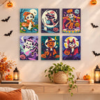 Halloween Costume Carnival mini paintings displayed as a gallery wall in a sunny kitchen