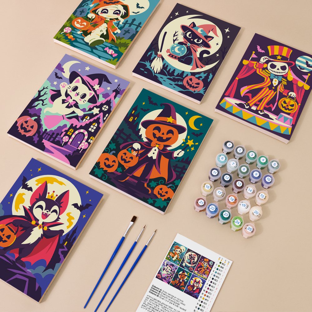 Halloween Costume Carnival mini paint by numbers kit with six numbered canvases, acrylic paints, brushes and layout