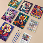 Halloween Costume Carnival mini paint by numbers kit with six numbered canvases, acrylic paints, brushes and layout