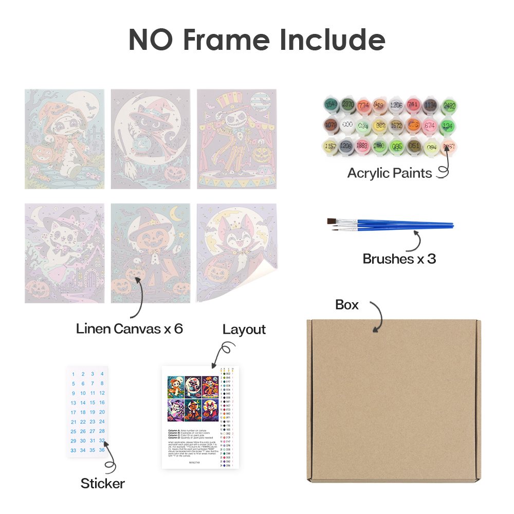 What's included without a frame: six rolled Halloween Costume Carnival mini canvases, acrylic paints, three brushes and layout