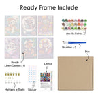 What's included pre-stretched on frame: six framed Halloween Costume Carnival mini canvases, paints, three brushes, hangers and layout