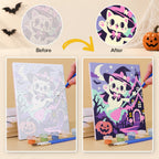 Before and after of a Halloween Costume Carnival mini paint by numbers canvas