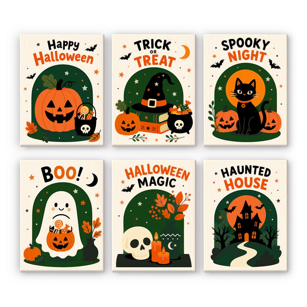Halloween Greetings mini paint by numbers set: six lettering signs reading Happy Halloween, Trick or Treat, Spooky Night, Boo!, Halloween Magic and Haunted House