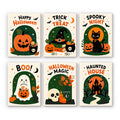 Halloween Greetings mini paint by numbers set: six lettering signs reading Happy Halloween, Trick or Treat, Spooky Night, Boo!, Halloween Magic and Haunted House