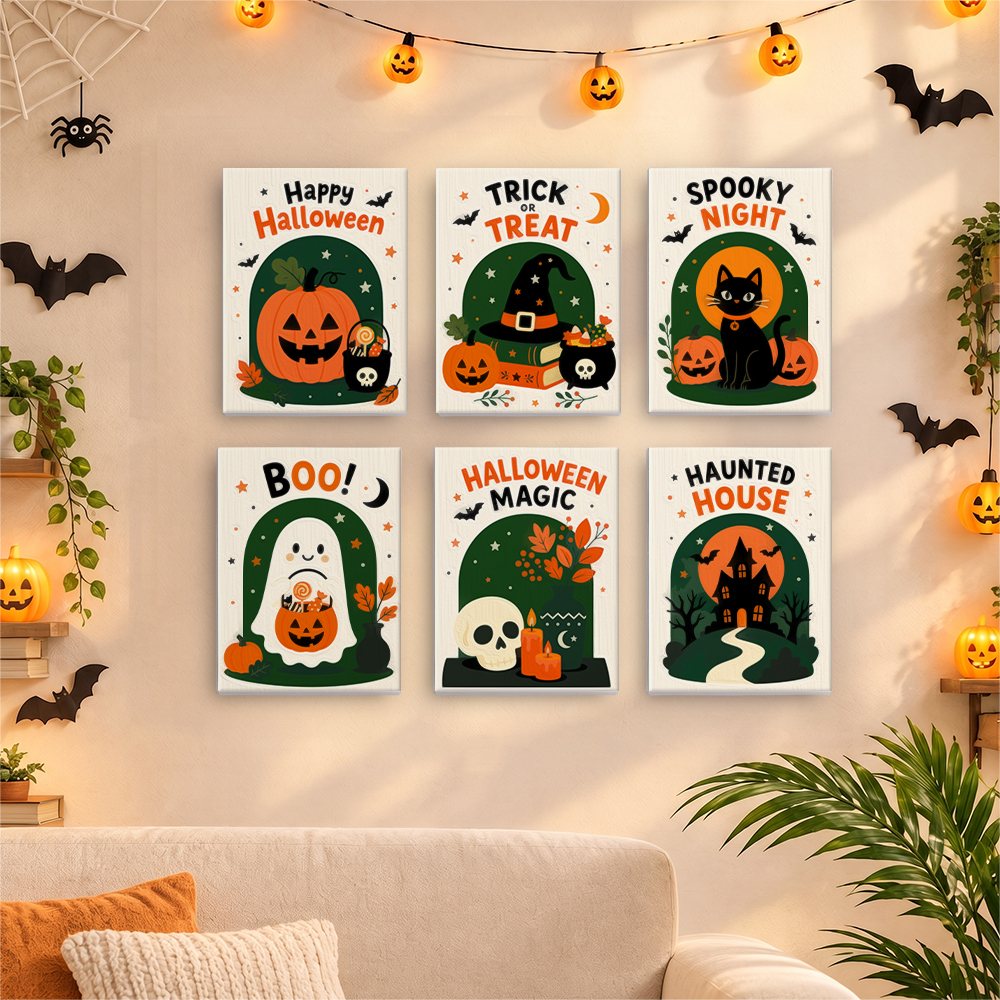 Six finished Halloween Greetings mini paintings hung on a wall above a table