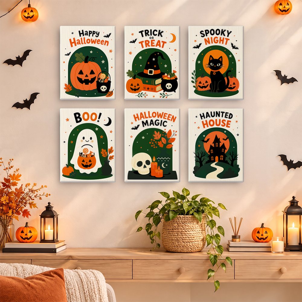 Halloween Greetings mini paintings displayed as a gallery wall in a sunny kitchen