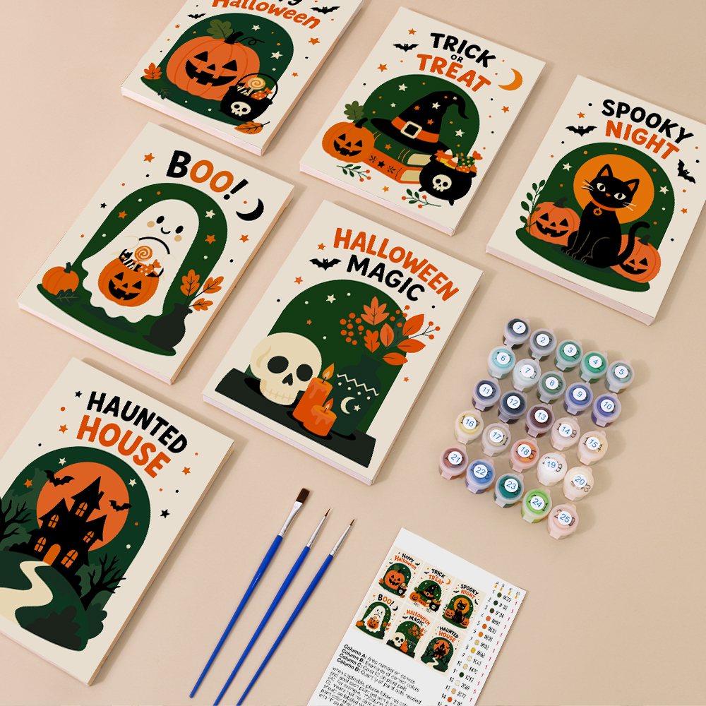 Halloween Greetings mini paint by numbers kit with six numbered canvases, acrylic paints, brushes and layout