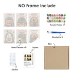 What's included without a frame: six rolled Halloween Greetings mini canvases, acrylic paints, three brushes and layout