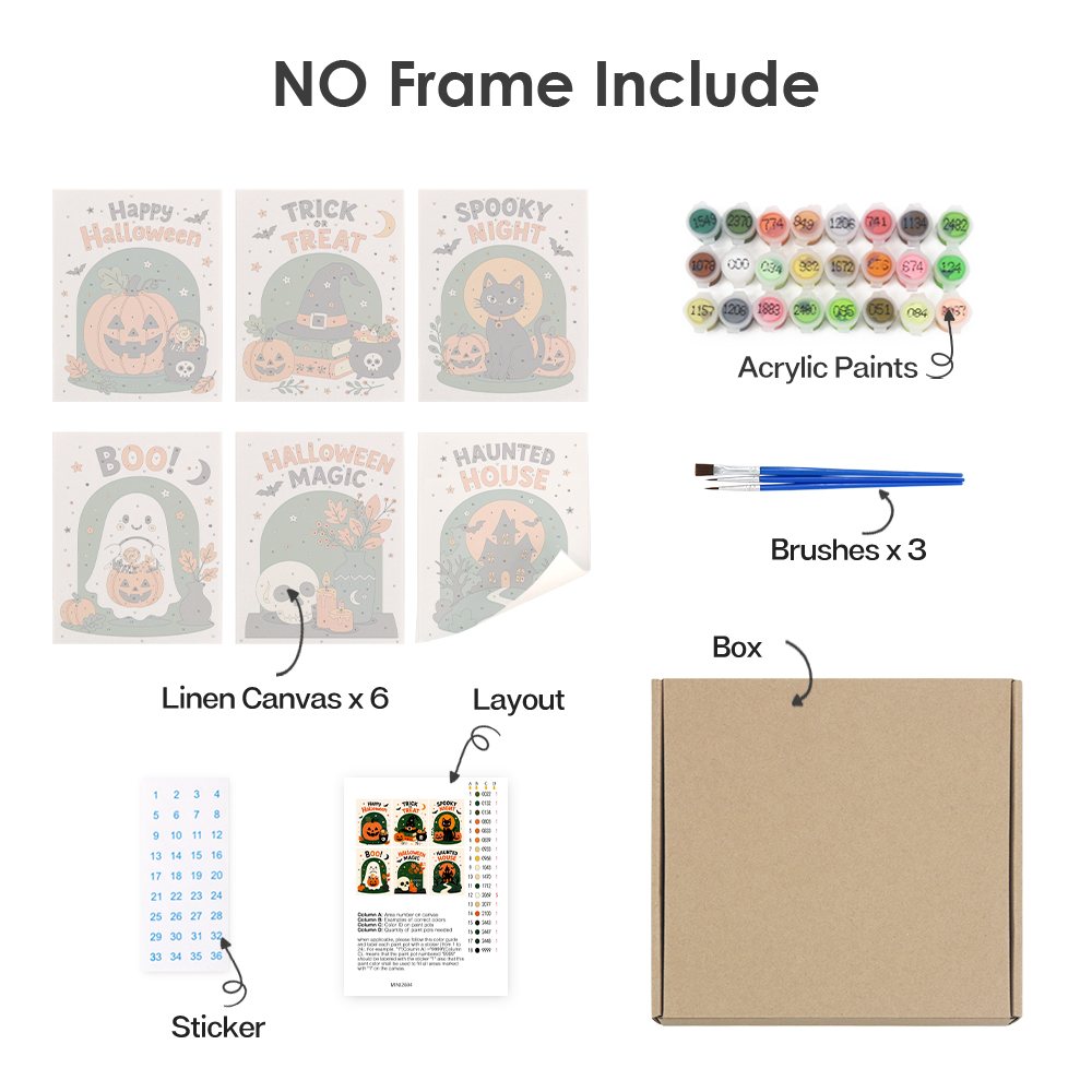 What's included without a frame: six rolled Halloween Greetings mini canvases, acrylic paints, three brushes and layout