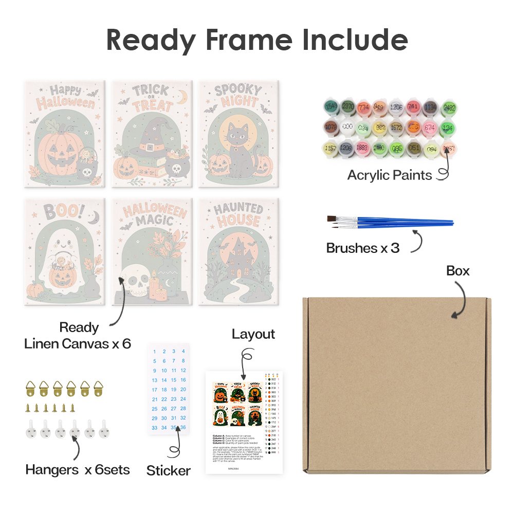 What's included pre-stretched on frame: six framed Halloween Greetings mini canvases, paints, three brushes, hangers and layout