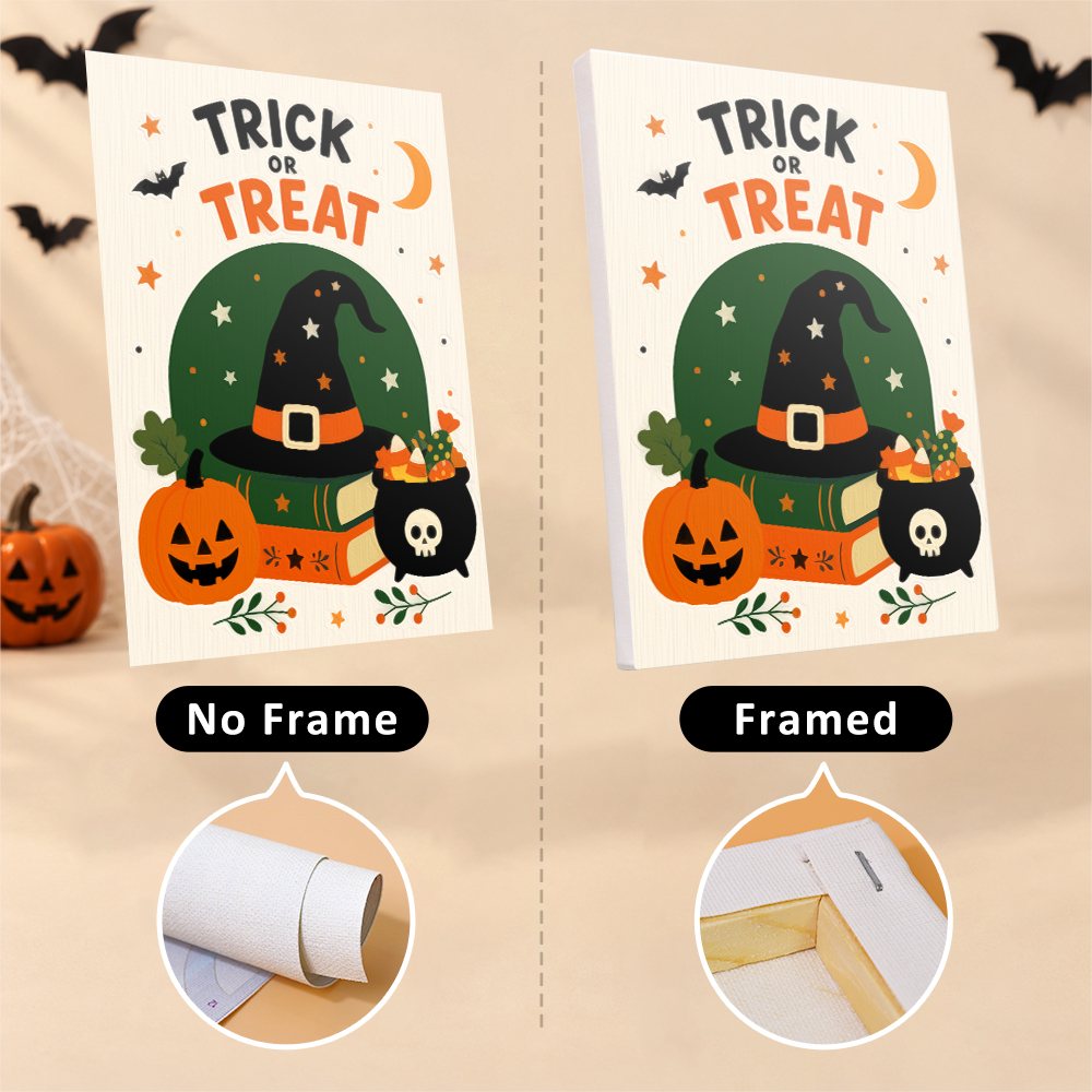 Halloween Greetings mini canvas shown rolled without a frame and pre-stretched on a frame