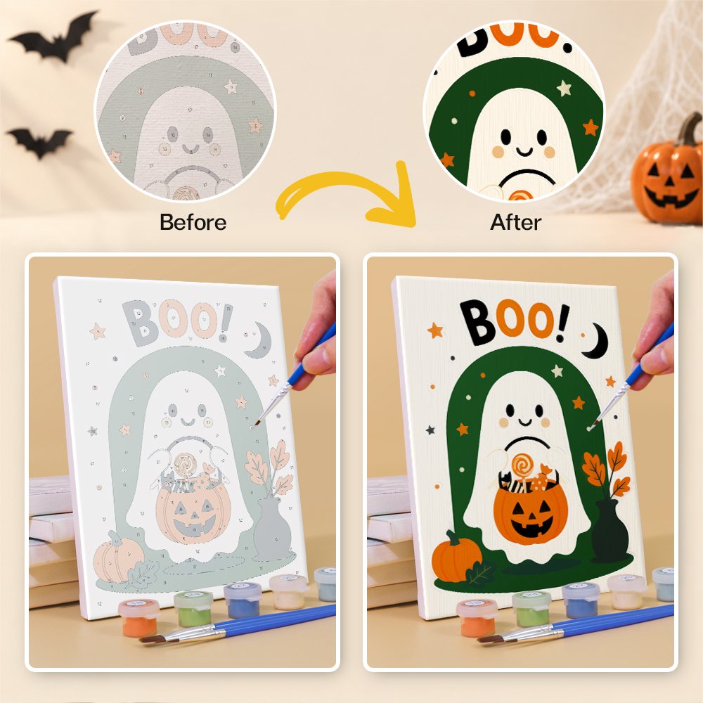 Before and after of a Halloween Greetings mini paint by numbers canvas