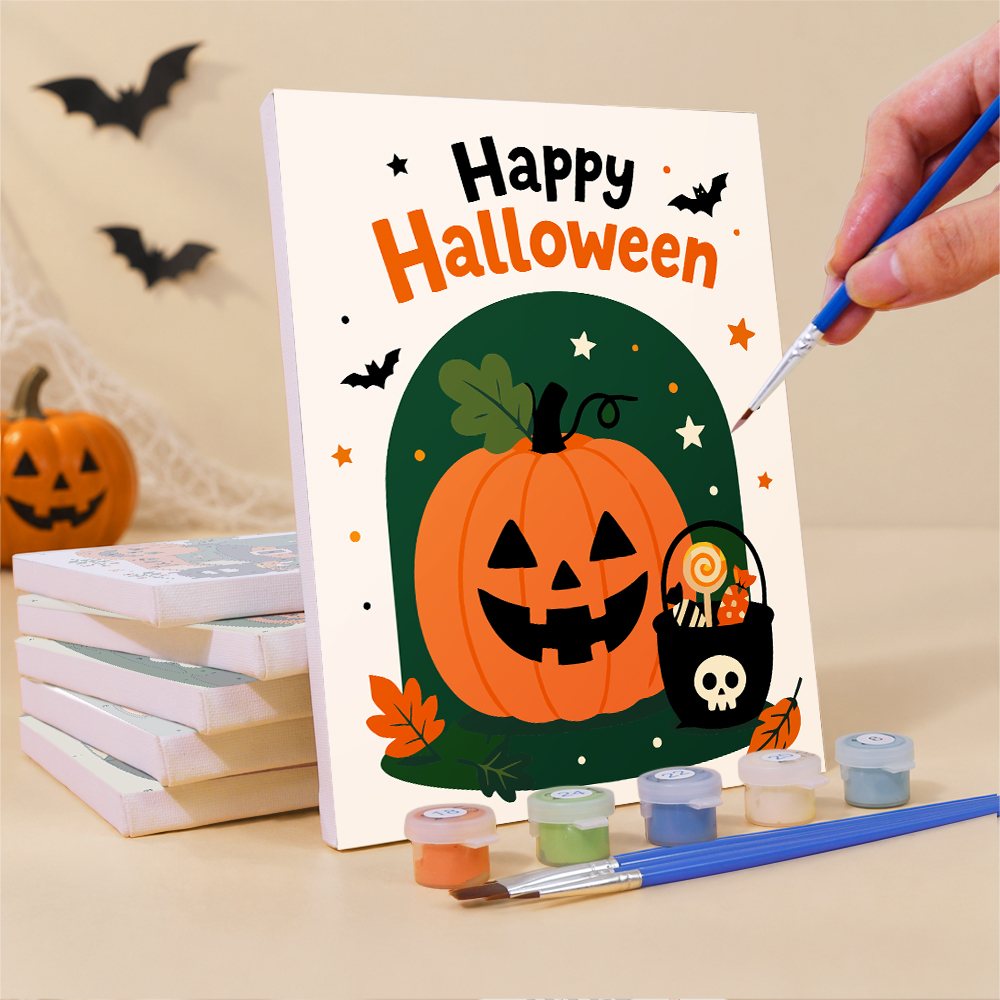 Painting a Halloween Greetings mini canvas propped up beside numbered acrylic paints