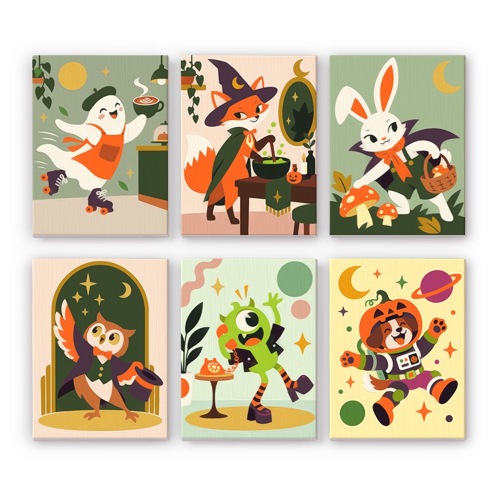 Halloween Hangout Friends mini paint by numbers set: six quirky characters, including a roller-skating ghost, fox witch, vampire bunny, owl, monster and raccoon astronaut