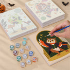 Painting one of the Halloween Hangout Friends designs next to a stack of mini canvases