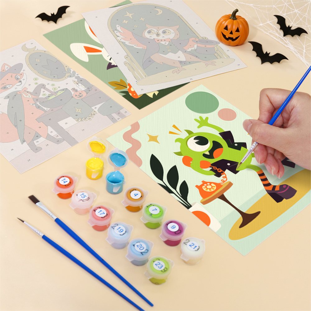 Filling in a Halloween Hangout Friends mini canvas with numbered acrylic paints and a fine brush