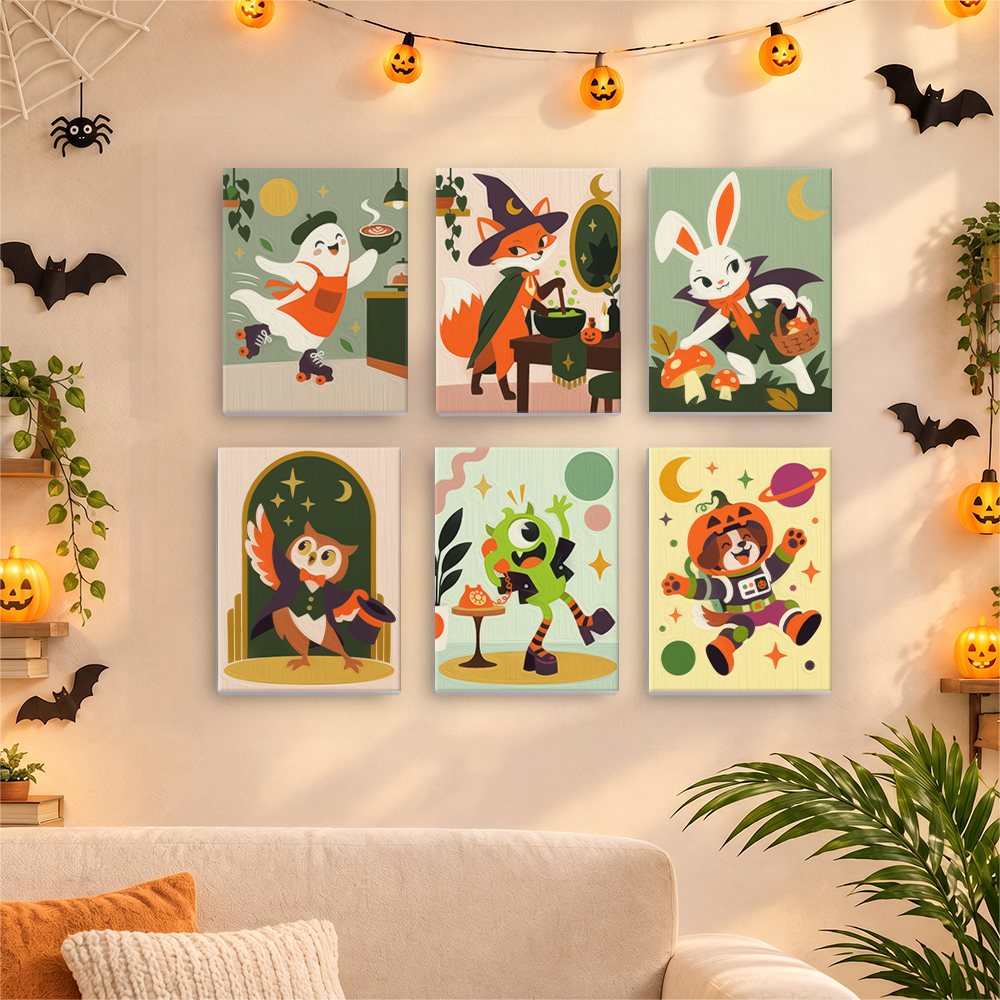 Six finished Halloween Hangout Friends mini paintings hung on a wall above a table