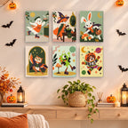 Halloween Hangout Friends mini paintings displayed as a gallery wall in a sunny kitchen