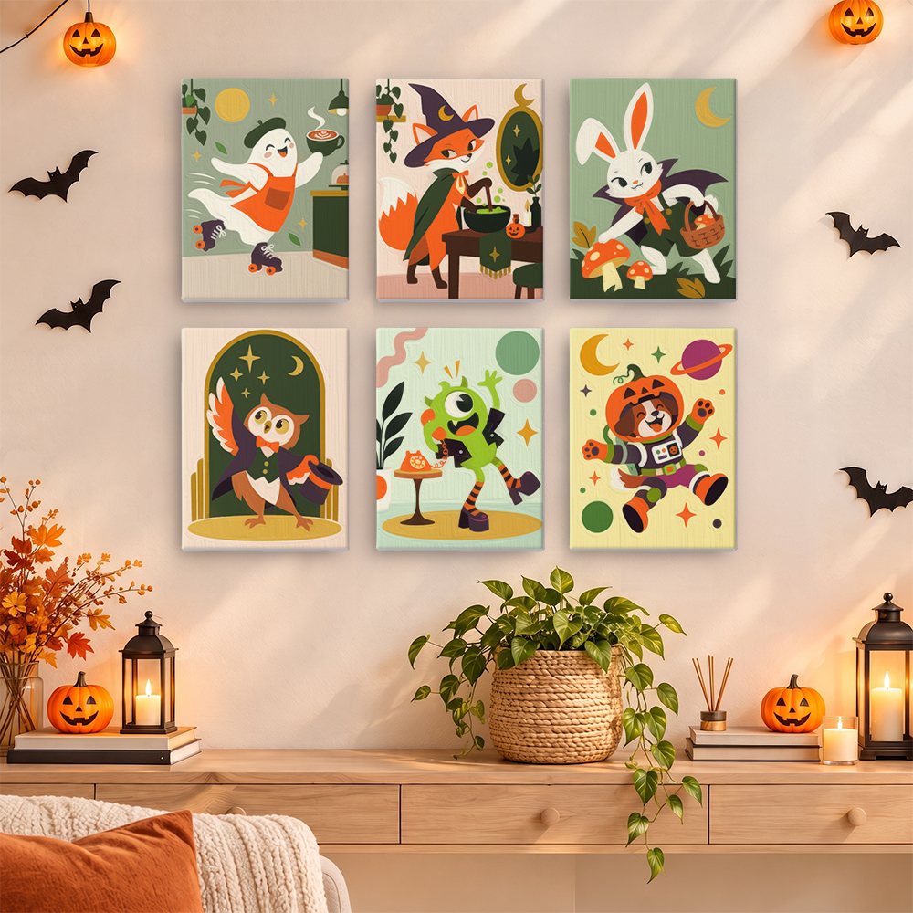 Halloween Hangout Friends mini paintings displayed as a gallery wall in a sunny kitchen