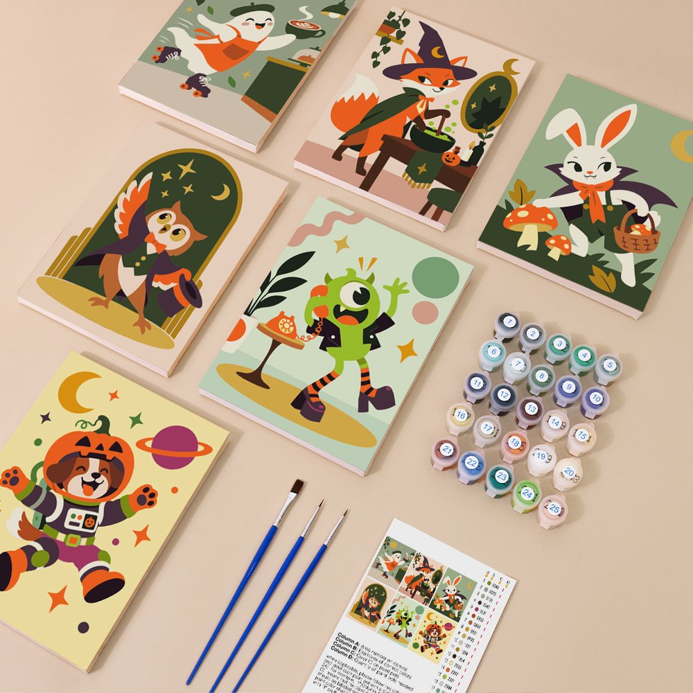 Halloween Hangout Friends mini paint by numbers kit with six numbered canvases, acrylic paints, brushes and layout